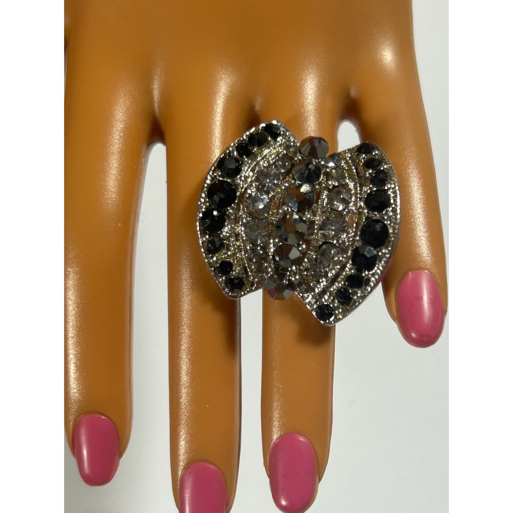 Vintage Y2K Grunge Statement Ring Silver Tone Black Grey Rhinestone Adjustable